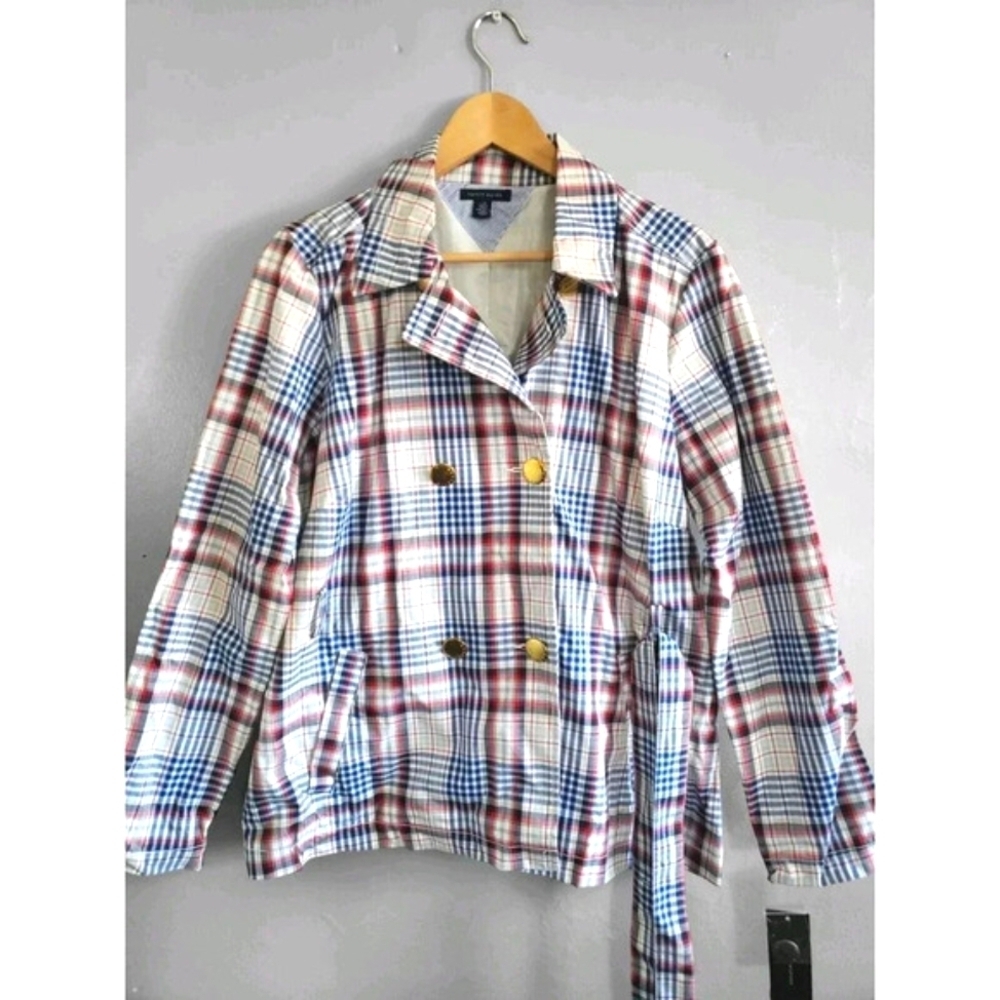 Tommy Hilfiger Rain Coat Womens Large Blue Plaid Double Breast Gold Buttons NWT - Picture 1 of 10